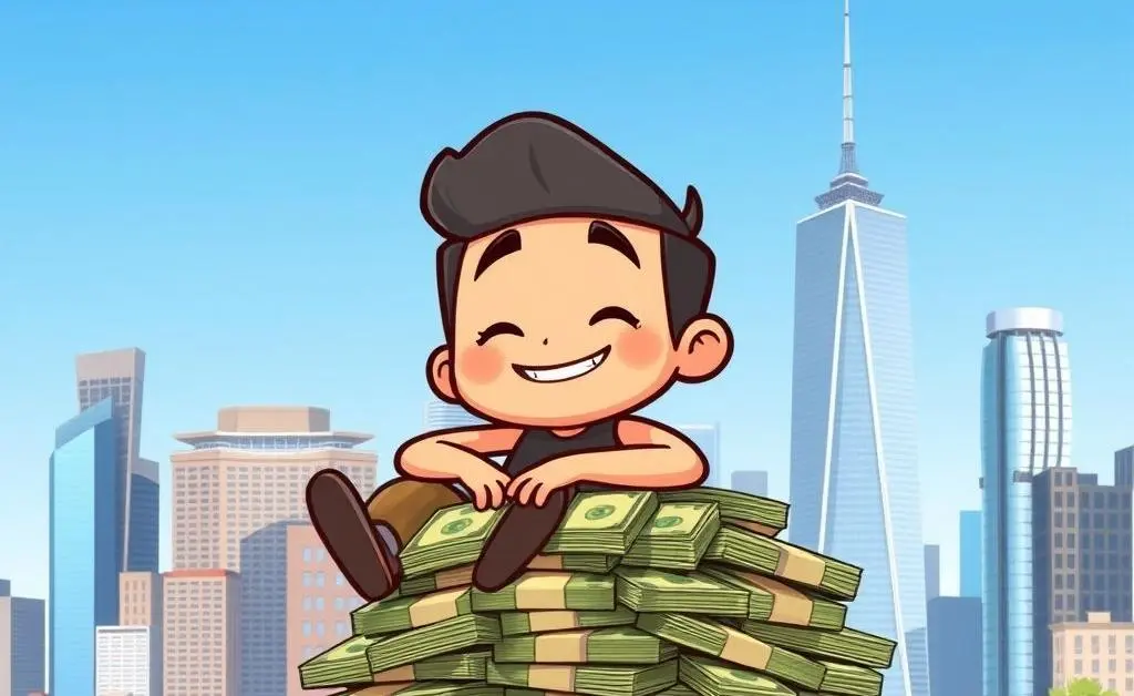 A cartoon person looking relaxed on a stack of money