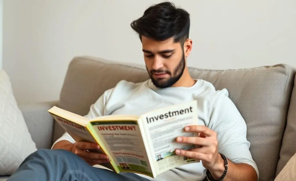 A person sitting calmly on a couch reading an investment book.