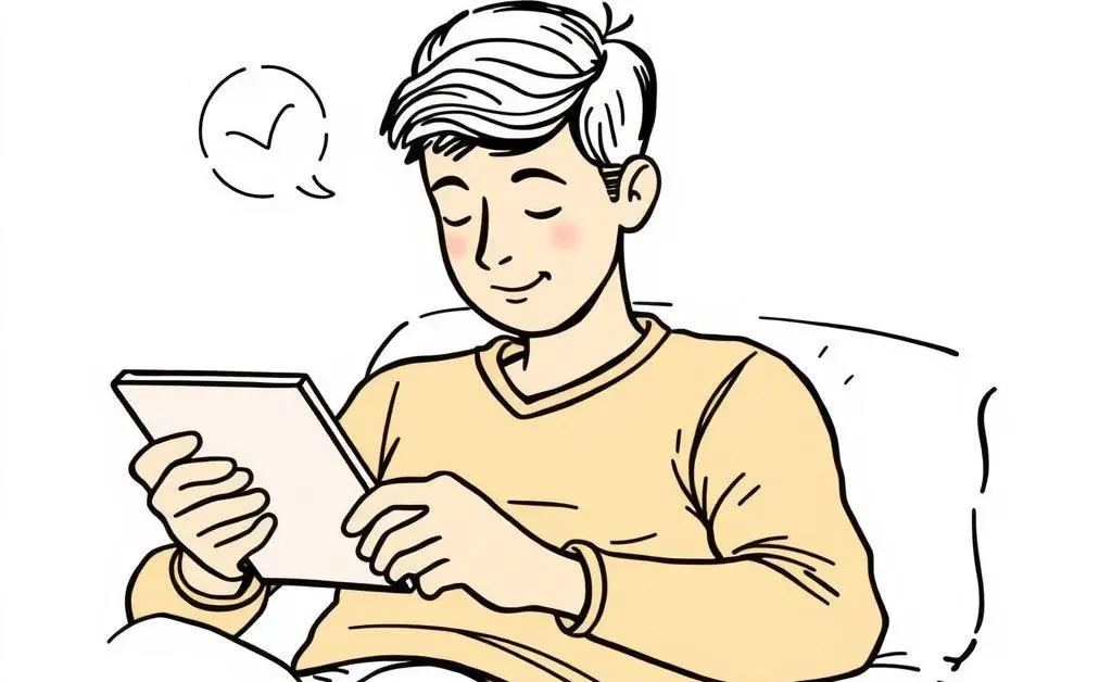 Hand-drawn style of a relaxed person reading about investments on a tablet