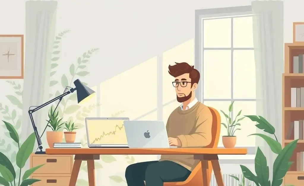 Relaxed investor at a home desk.