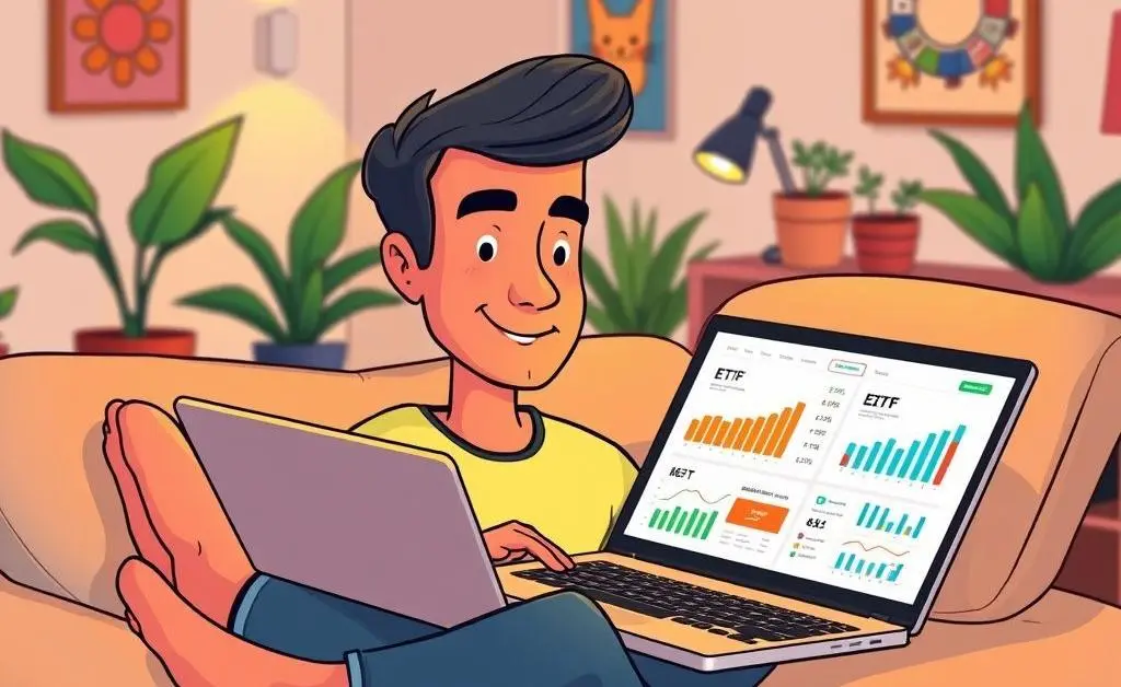 Relaxed person at home with a laptop displaying their ETF portfolio