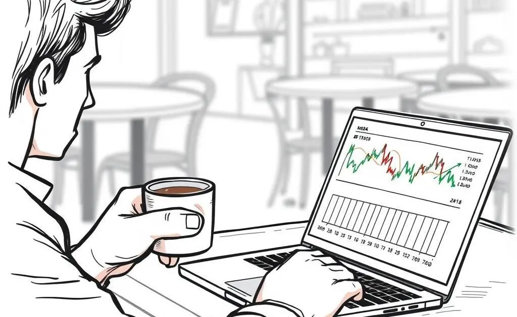 Person enjoying coffee with financial graphs on laptop
