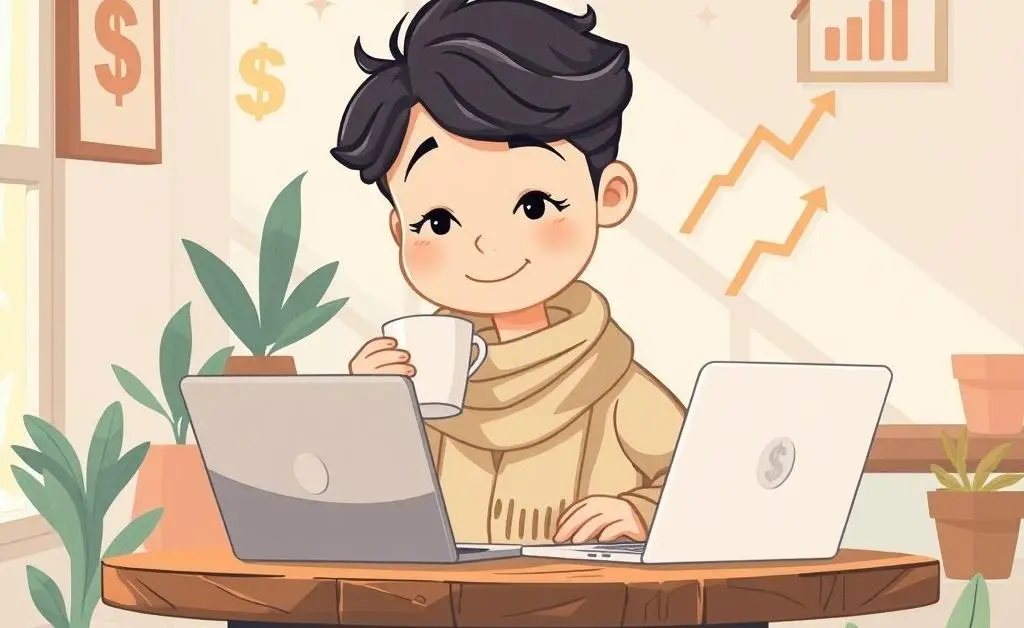 A cartoon-style image of someone sipping coffee with a laptop open, indicating a calm investment strategy.