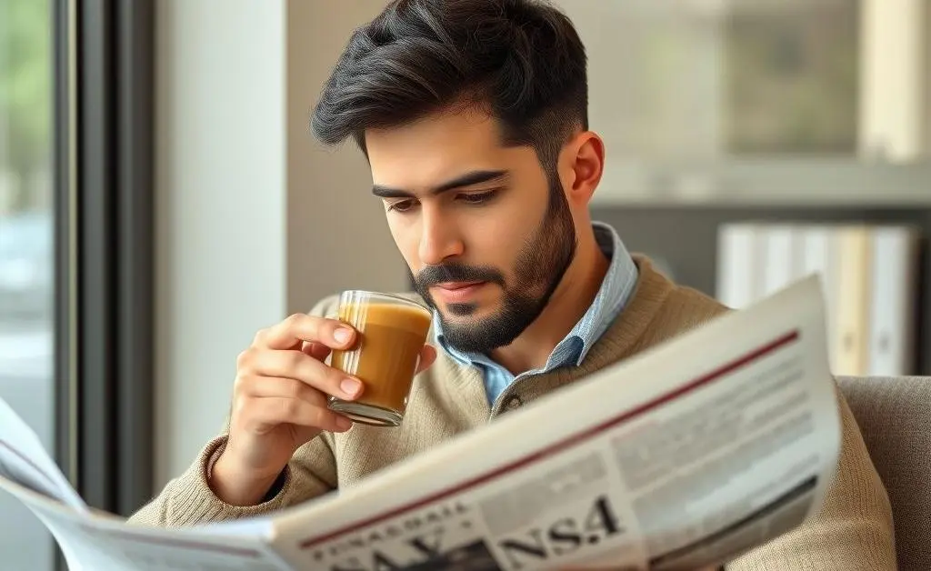A person relaxing with coffee while managing investments
