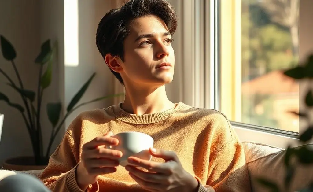 Relaxed person contemplating by a window