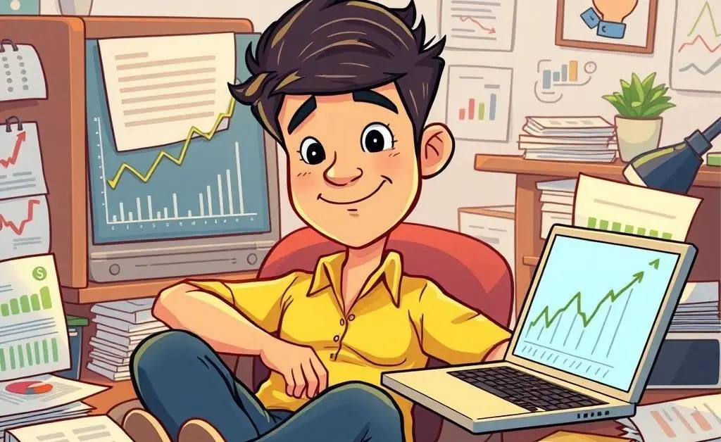 A cartoon of a relaxed person sitting at a desk, surrounded by investment papers and a laptop displaying upward trending graphs.