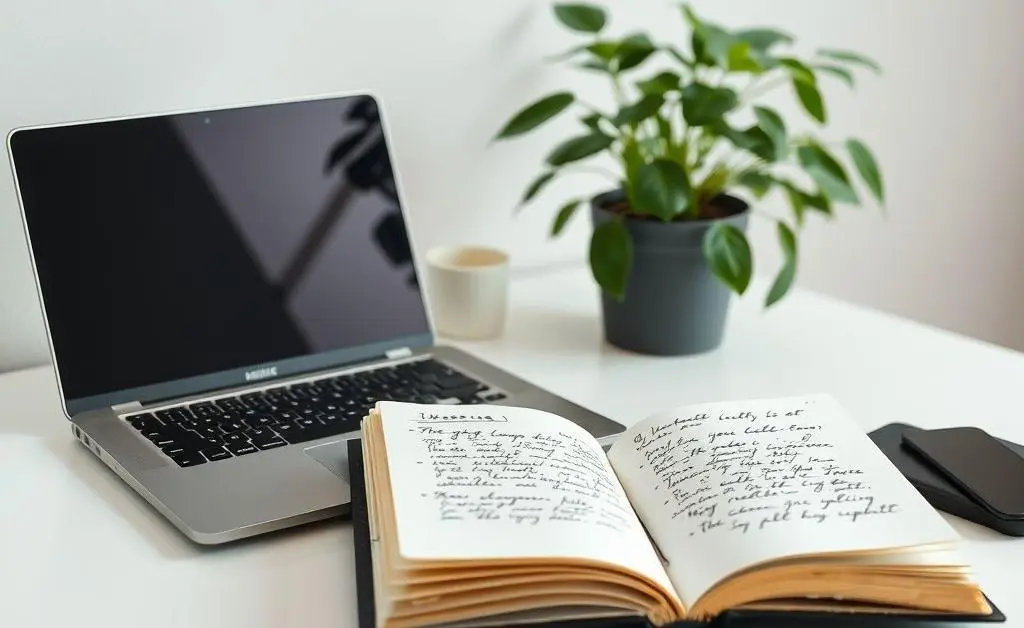 An organized desk with a laptop, notebook, and a plant, embodying a calm investing space.