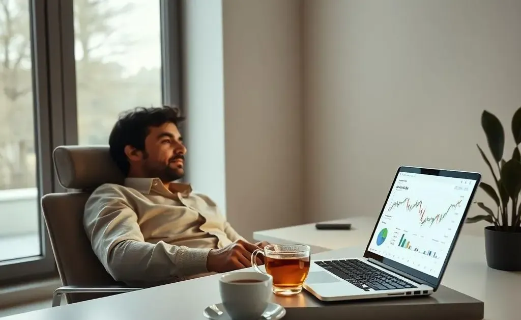 Investor relaxing at a desk with a cup of tea and laptop open to financial data