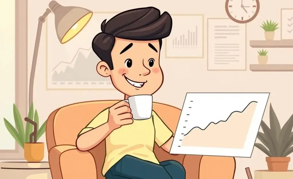 Cartoon of a relaxed investor drinking coffee while analyzing a simplified graph of investment growth