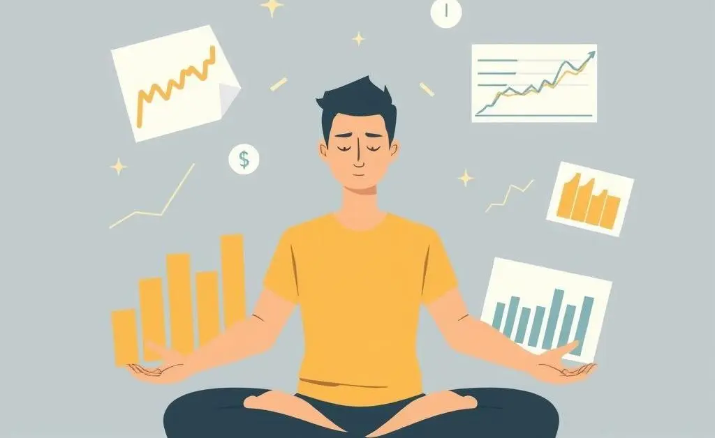 Illustration of a person meditating with financial charts and graphs