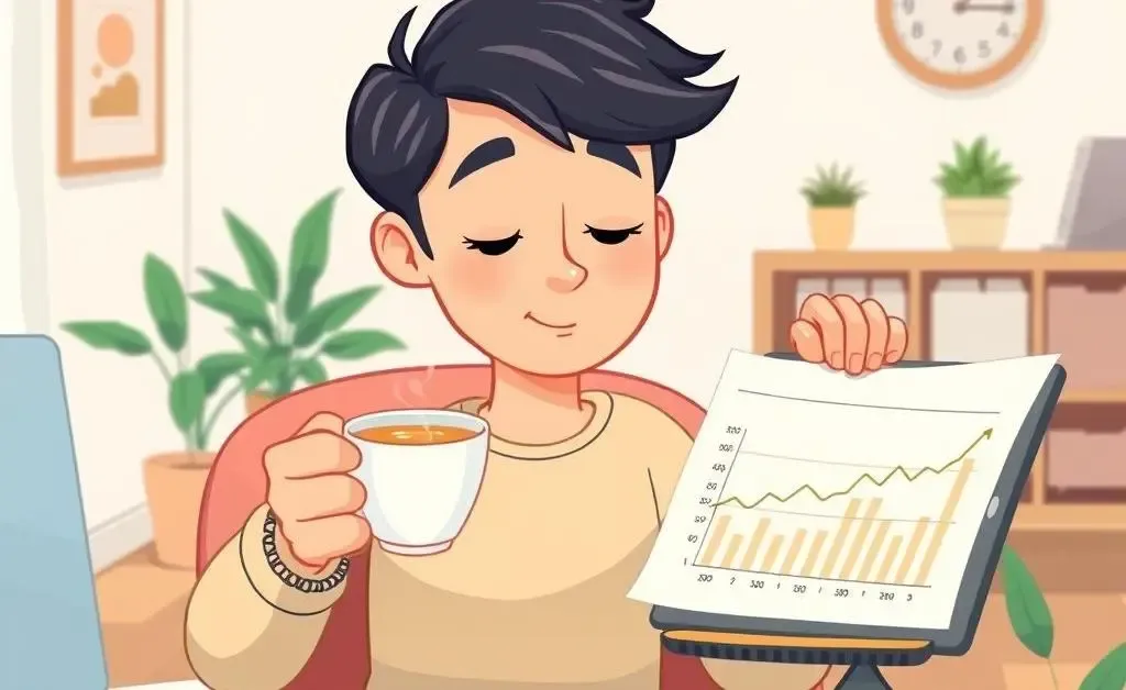 A cartoon-style of a person sipping tea while reviewing a calm financial growth report
