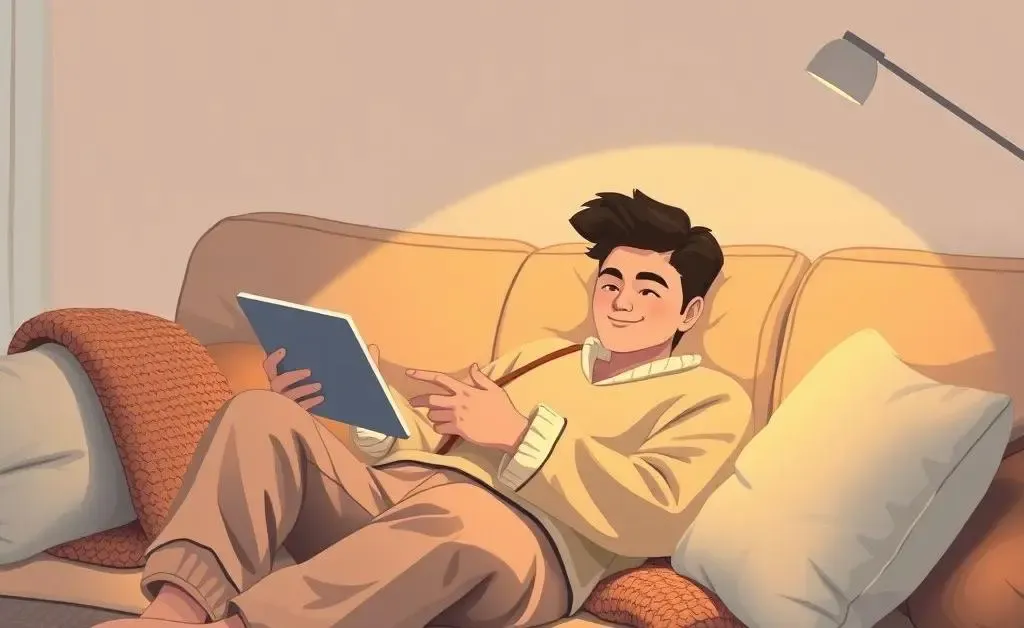 A cozy illustration of a person relaxed with a tablet on a sofa, checking their investments.