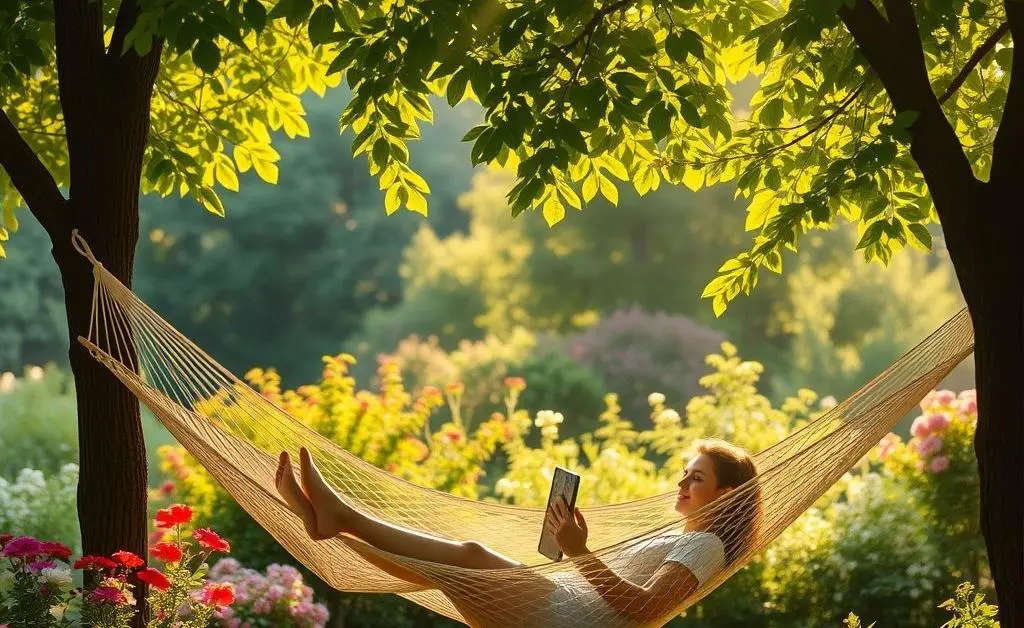A peaceful garden scene with a person in a hammock relaxedly holding a tablet.