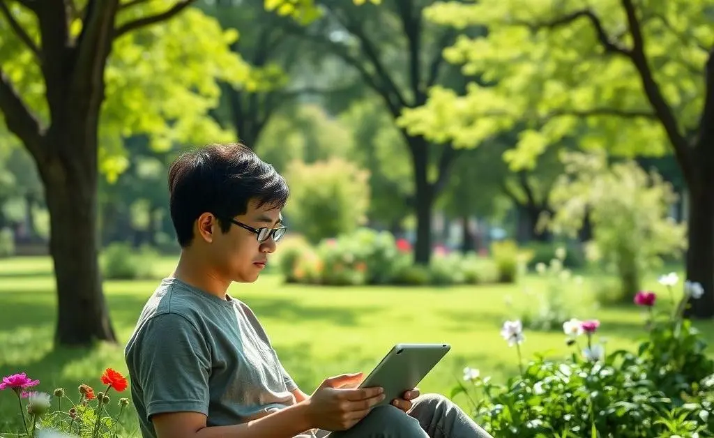 A relaxed individual reading financial news on a tablet in a park setting.