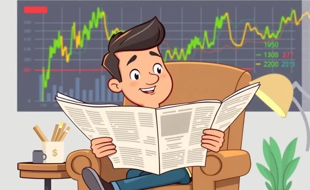 A cartoon-style person sitting comfortably in a chair, reading a newspaper, with stock market charts in the background.