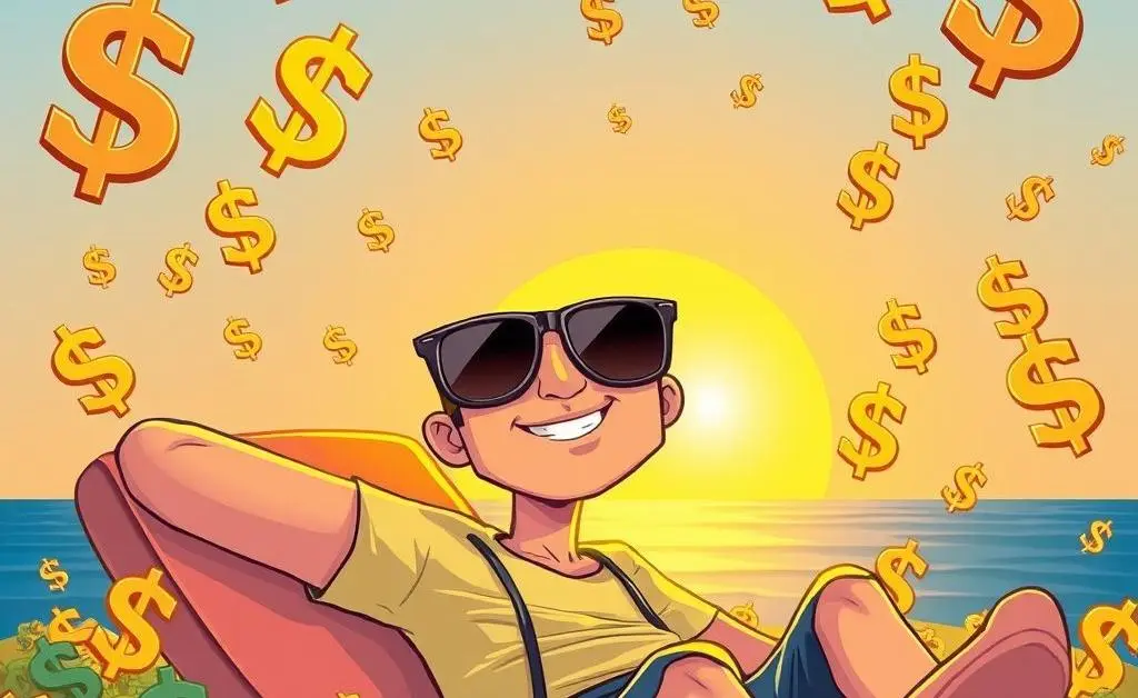 Illustration of a relaxed person with shades and dollar signs.