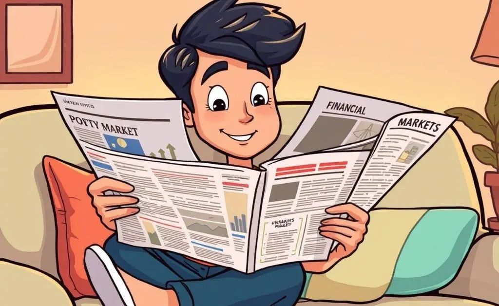 Relaxed person reading financial news on a sofa