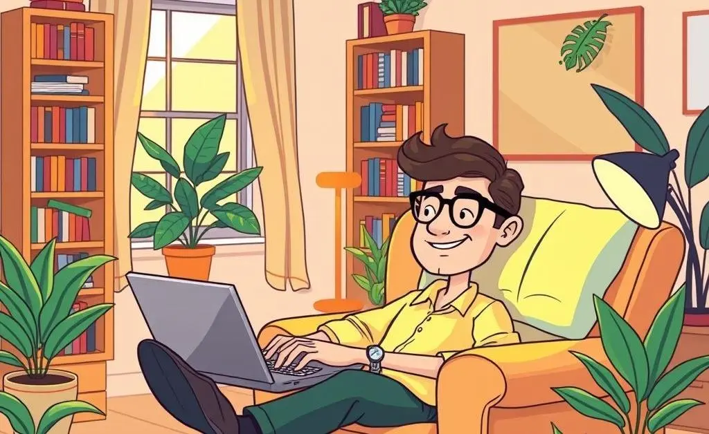 Cartoon-style image of a relaxed investor working with a laptop in comfortable surroundings.