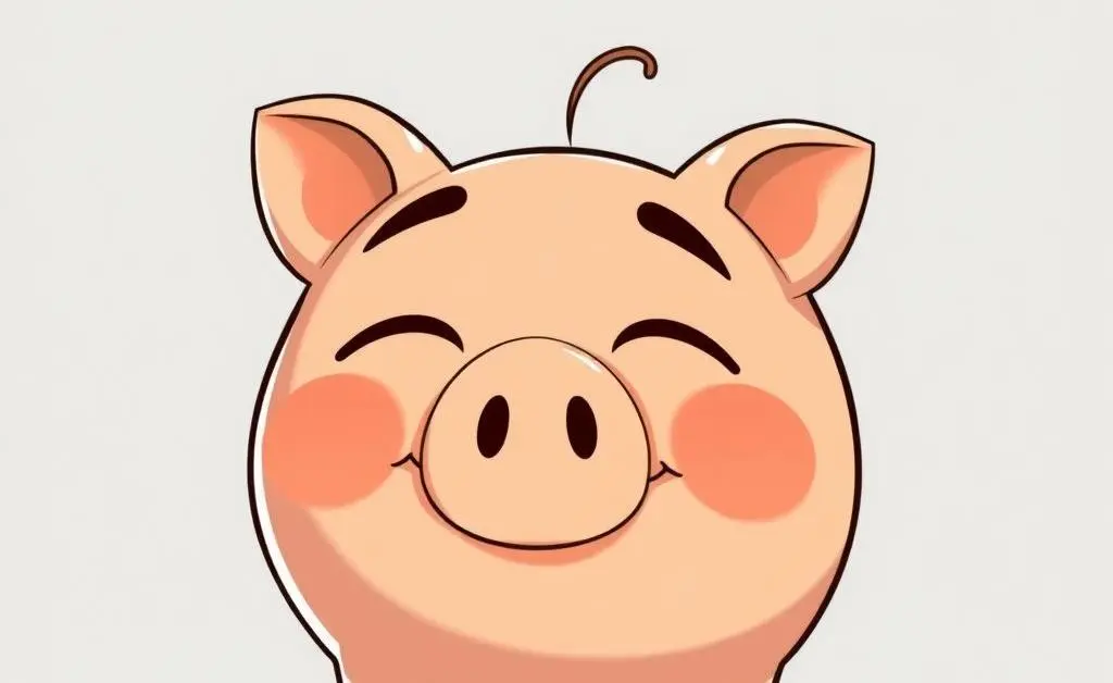 A piggy bank with a relaxed expression on its face