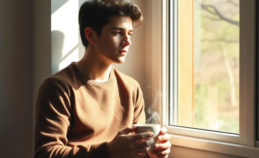 A person reflecting calmly by a window