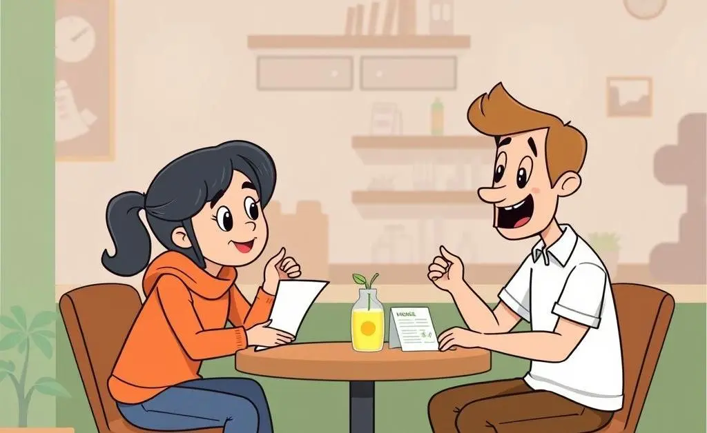 Two characters having a relaxed conversation about finances at a café