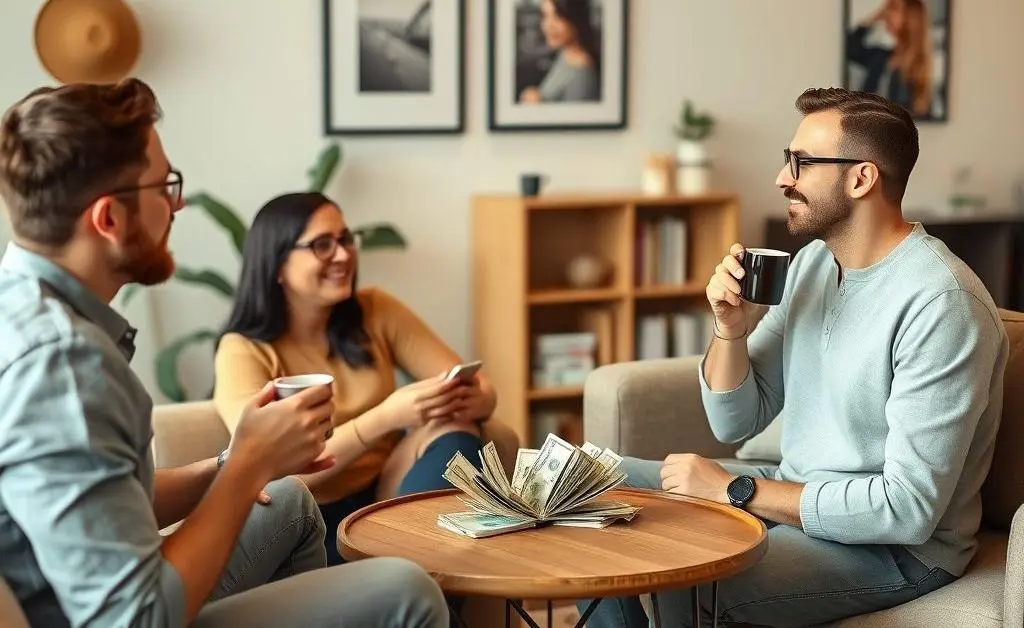 Friends having a relaxed discussion about money in a living room.