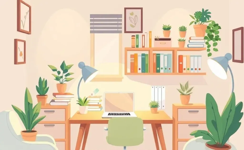 A cozy and organized home office setup.