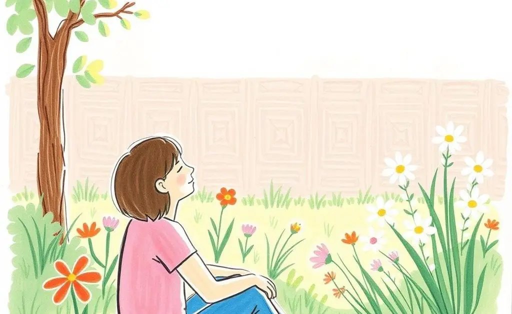 A hand-drawn image of a person enjoying a calm moment in their garden with flowers and soft sunlight.