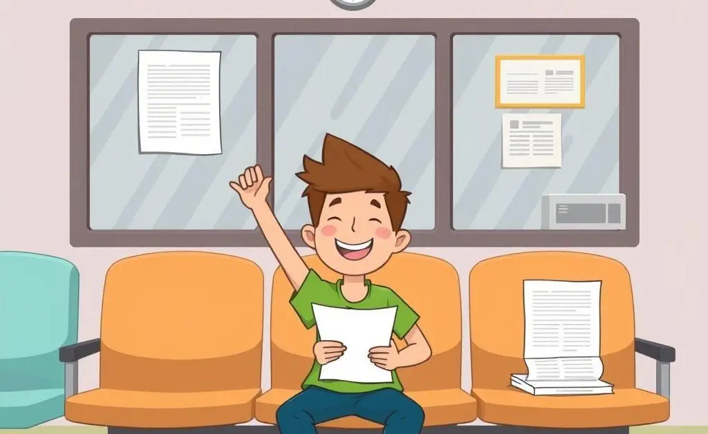 A relaxed person sitting in a clinic, having resolved insurance paperwork.