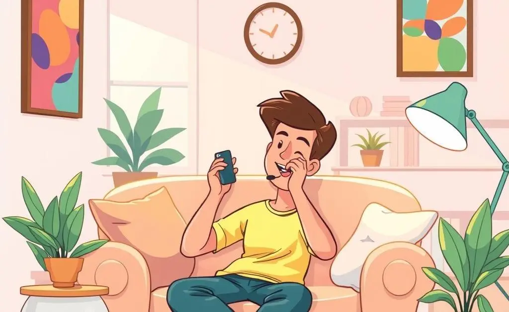 A cartoon-style image of a relaxed person calmly talking on the phone to customer support.