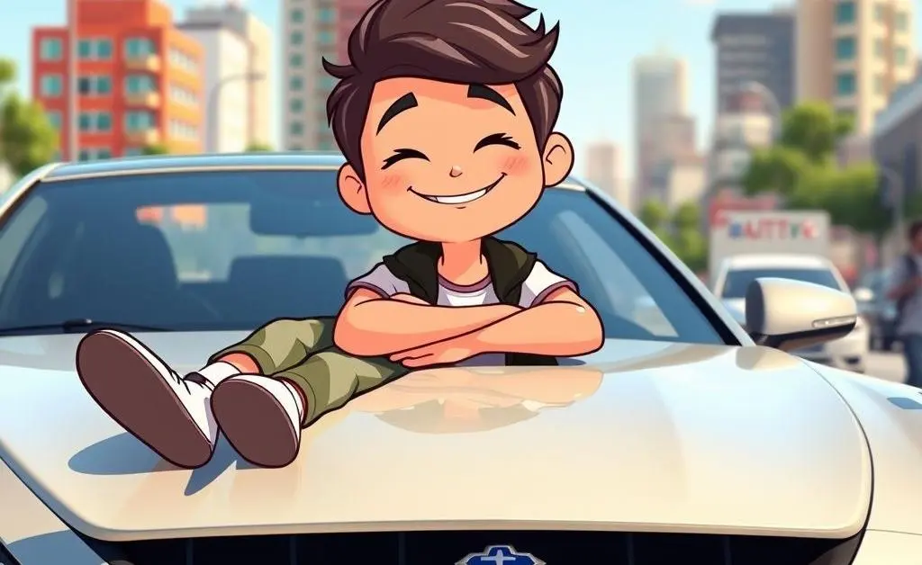 A relaxed cartoon person sitting on their car hood, showing confidence after filing a claim