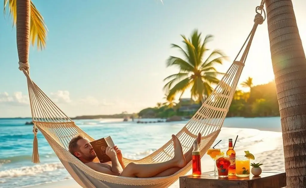 A person lounging in a hammock on a tropical beach, reading a book with a small table of drinks beside them.