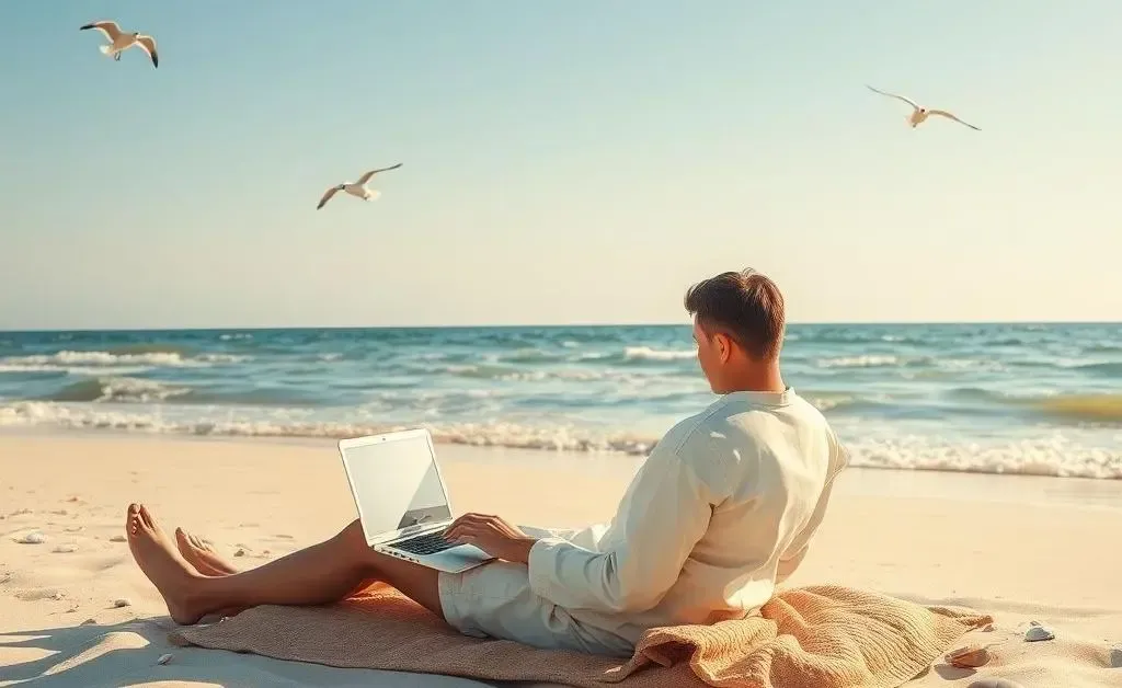 A relaxed person sitting on a beach with a laptop, symbolizing freedom and work-life balance