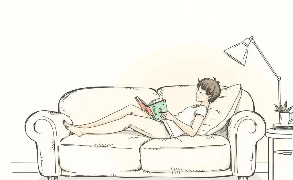 A person relaxing on a couch with a book and soft lighting in a hand-drawn aesthetic