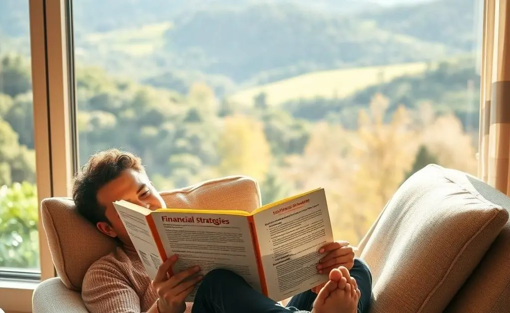 A person sitting comfortably in a chair holding a book on financial planning, with a window view of nature.