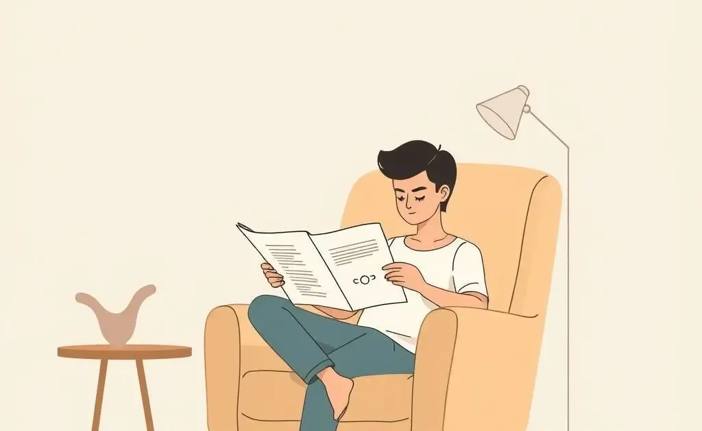 A relaxed person reading health insurance documents in a cozy chair