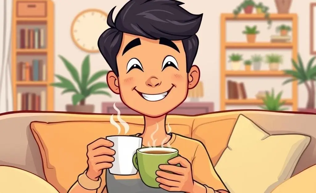 Cartoon of a person drinking coffee and smiling in relief at home after resolving banking issues.