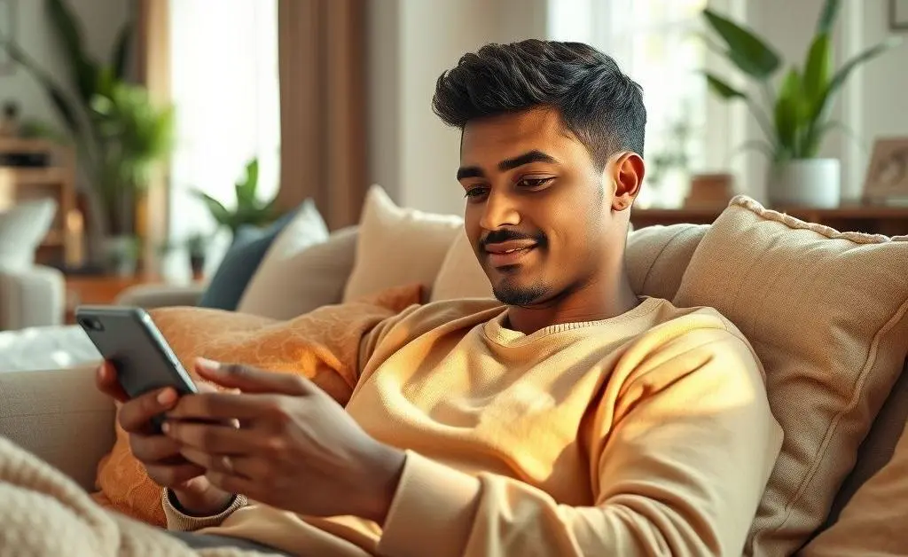 A relaxed figure checking their credit score on a smartphone in a warm living room setting.