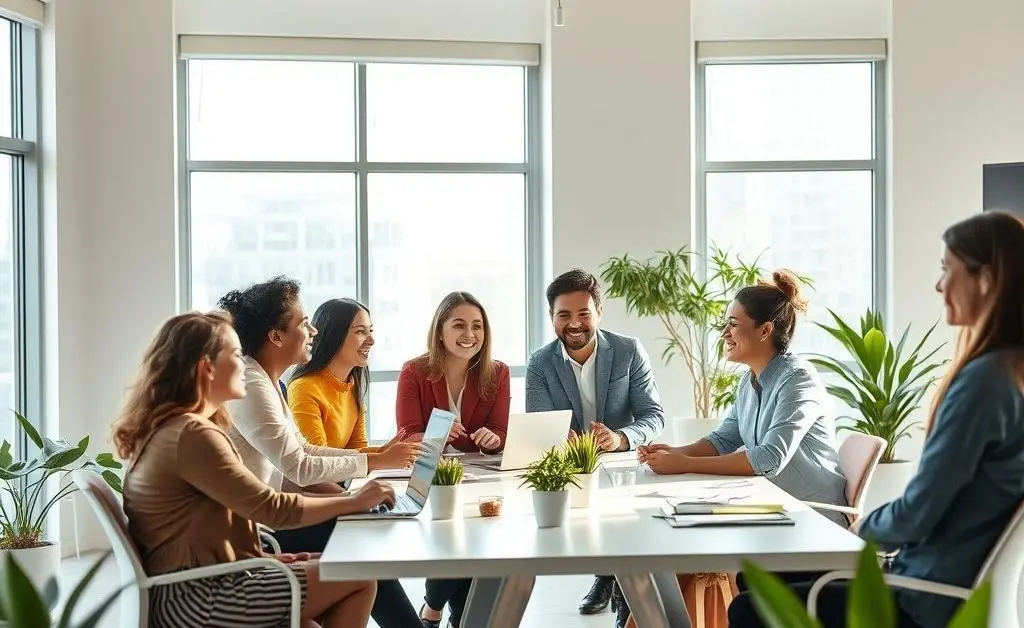 An office space with professionals having a discussion in a relaxed setting.