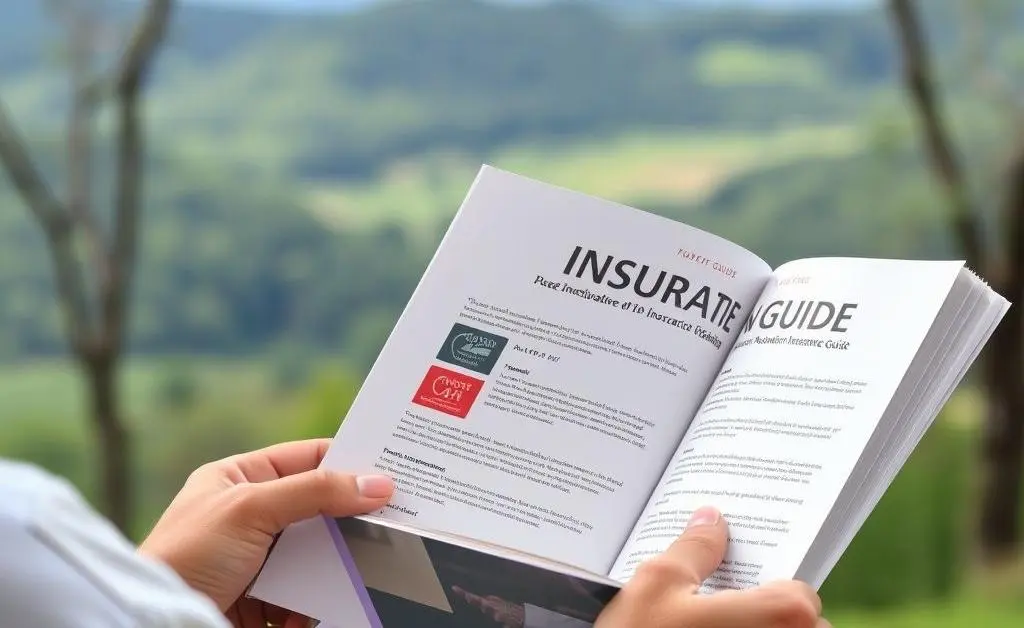 A person reading an insurance guide with a relaxing background view of nature.