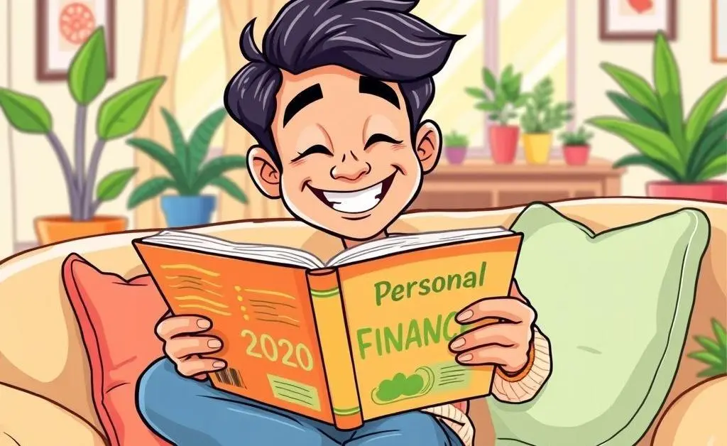 Person reading a financial book, relaxed and at ease.