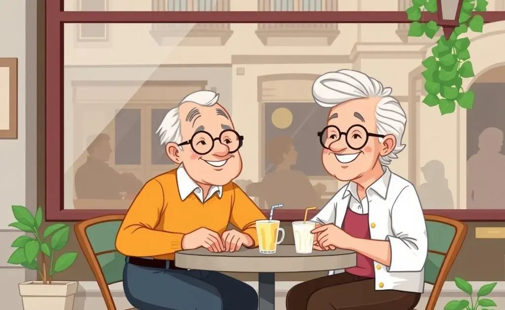 A cartoon-style image of a relaxed older couple sitting in a European café.