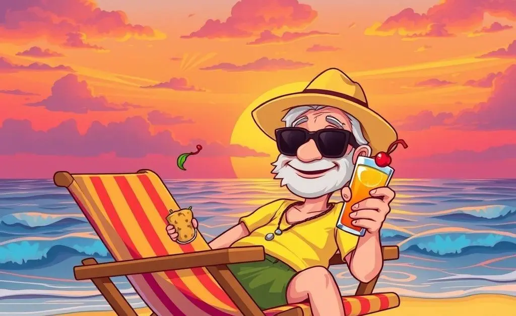 Cartoon-style image of a relaxed retiree sitting on a beach chair with a drink in hand, enjoying the sunset.