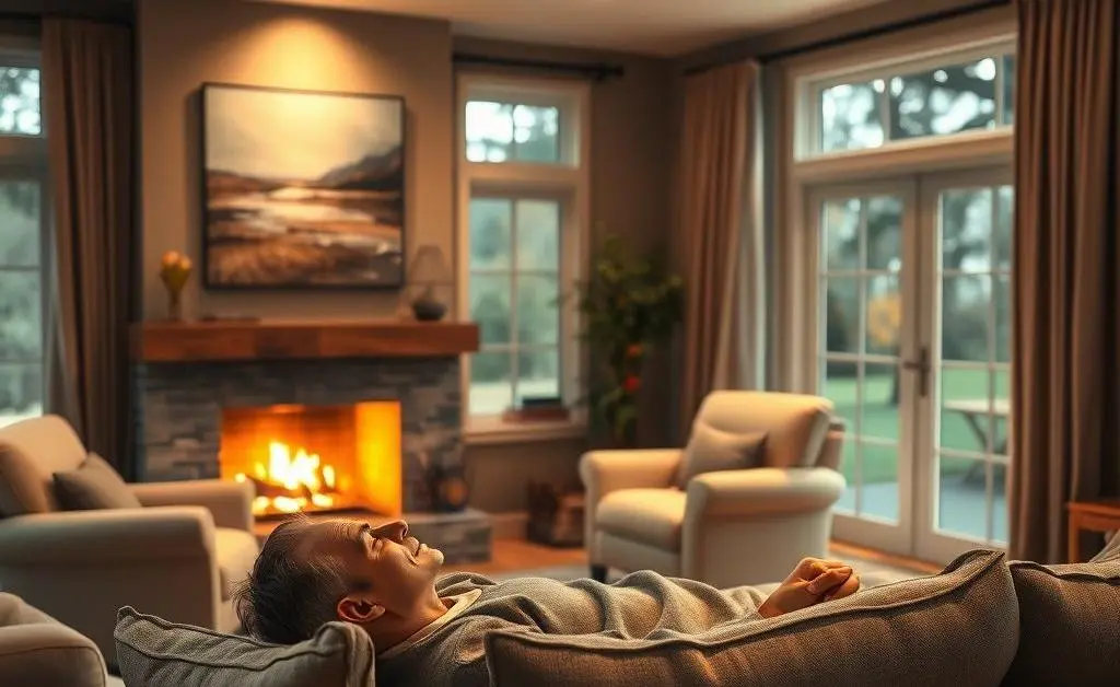 A cozy living room setting with someone dreaming about a relaxed retirement