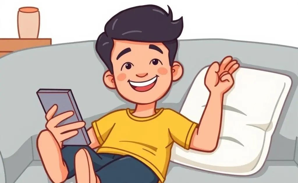 A relaxed person shopping on a sofa with a smile