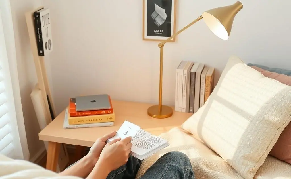 A clean, minimalist setting of a person using flashcards in a cozy study space