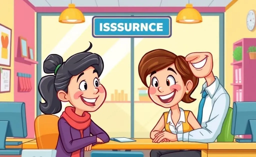 A friendly cartoon interaction between a customer and an insurance agent, both smiling.