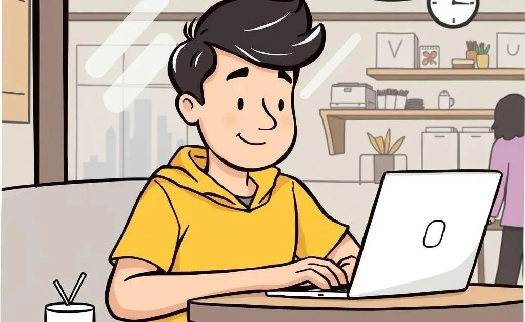 Cartoon-style drawing of a person calmly planning a trip using a laptop at a coffee shop.