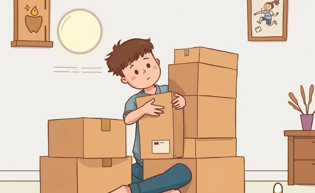 Cartoon-style image of a person serenely unpacking boxes with a cat playing nearby.