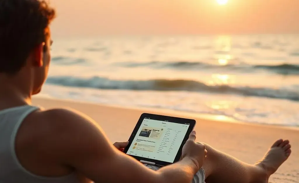 A person sitting on a beach, looking at a tablet with a vacation plan app open.